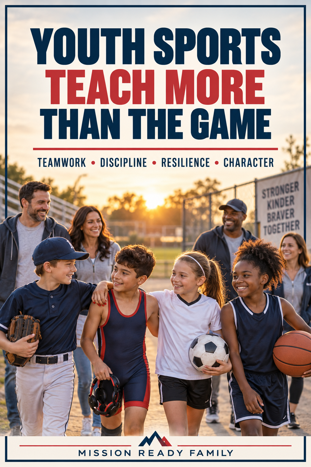 Youth athletes and supportive parents representing teamwork, discipline, resilience, and character
