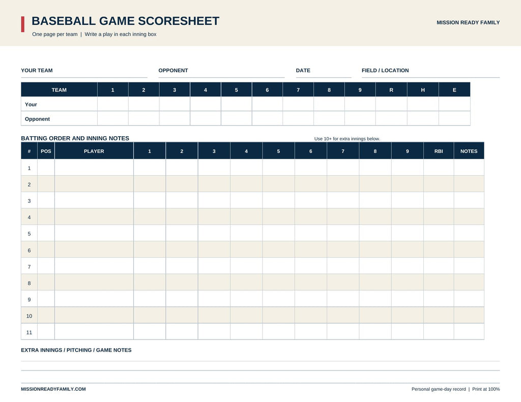 Baseball game scoresheet page preview