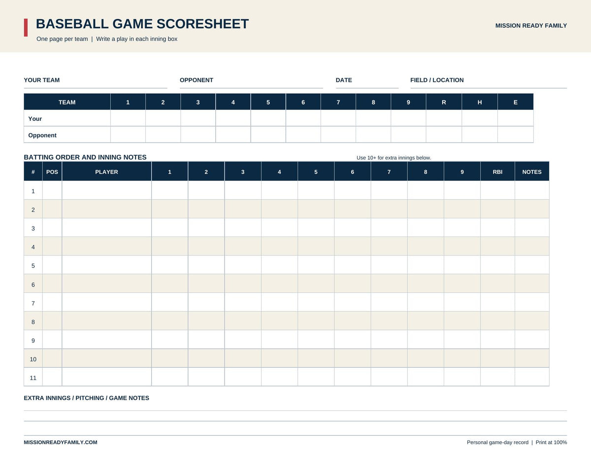 Baseball game scoresheet page preview