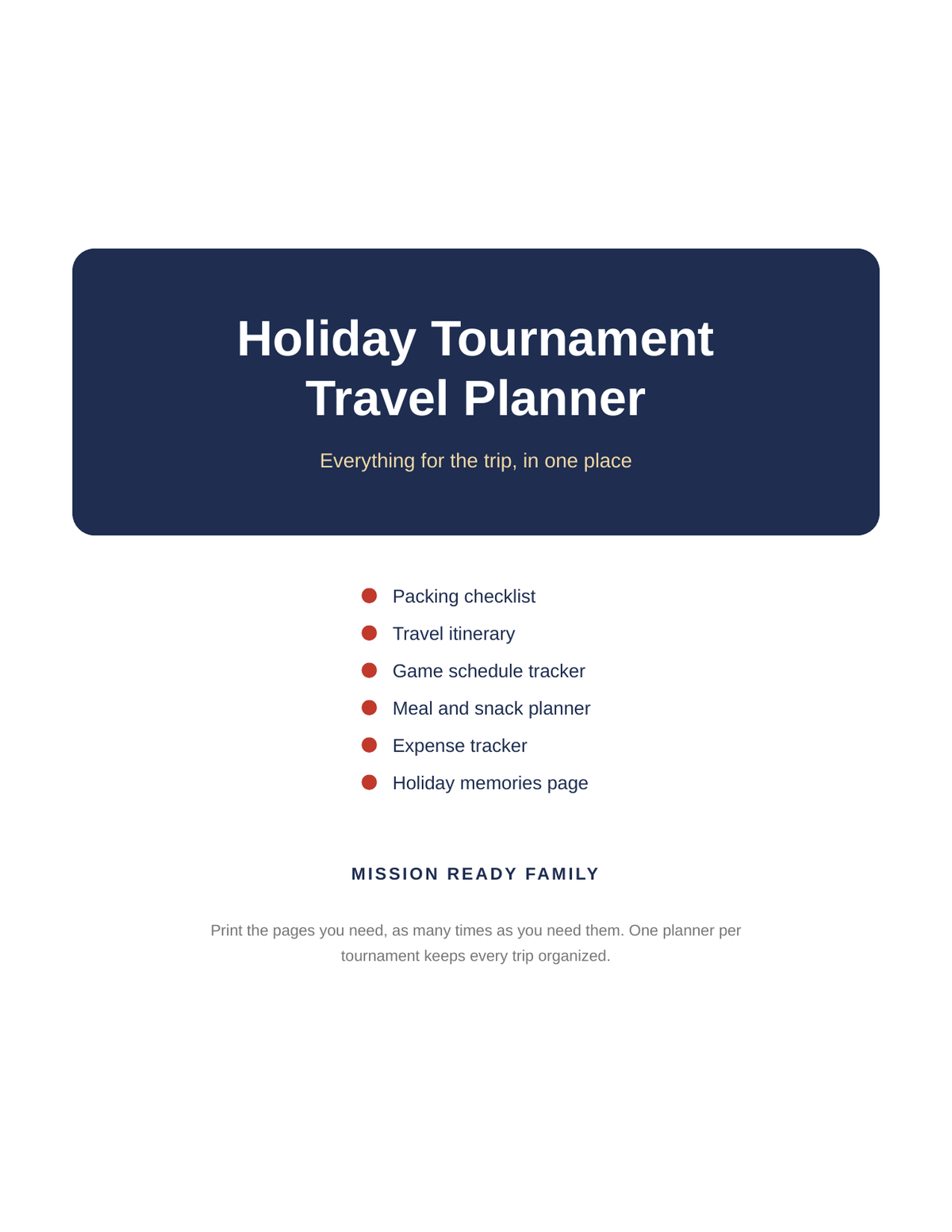 Holiday Tournament Travel Planner printable preview