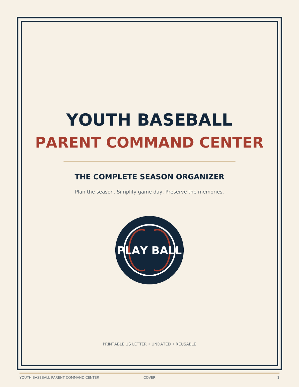 Youth Baseball Parent Command Center printable season organizer cover