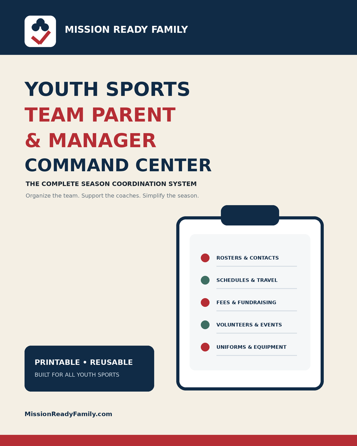Youth Sports Team Parent and Manager Command Center printable organizer cover
