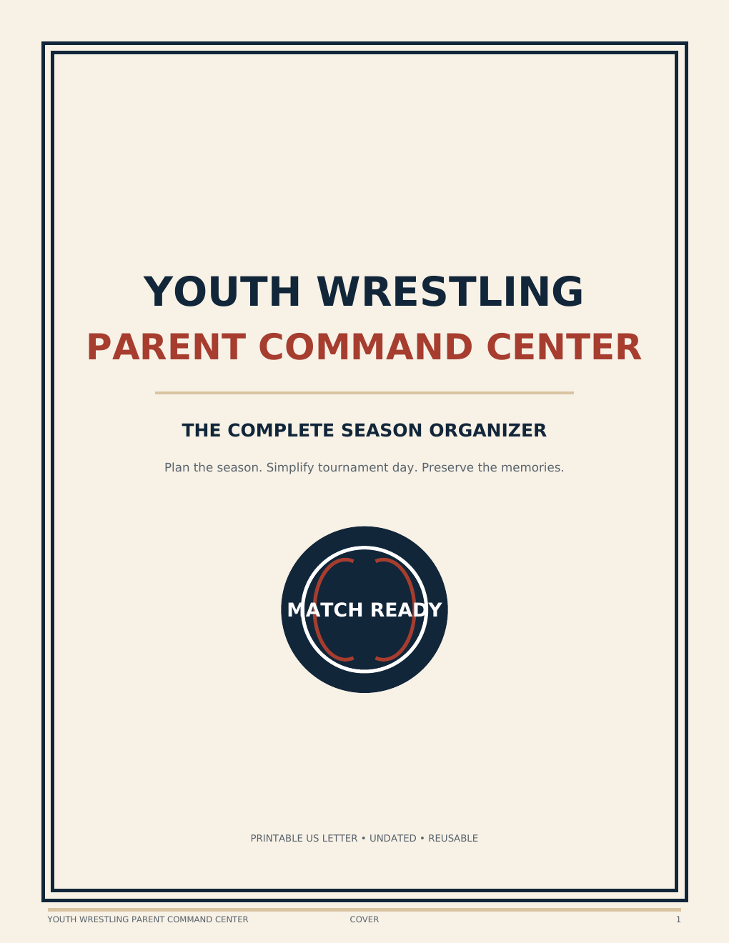 Youth Wrestling Parent Command Center printable season organizer cover